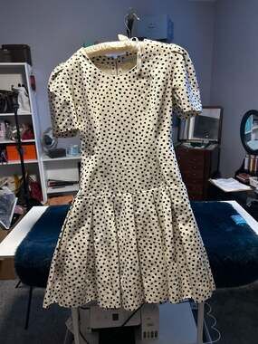 Vintage Givenchy Cream and Black Polka Dot Pleated Skirt Mini Dress